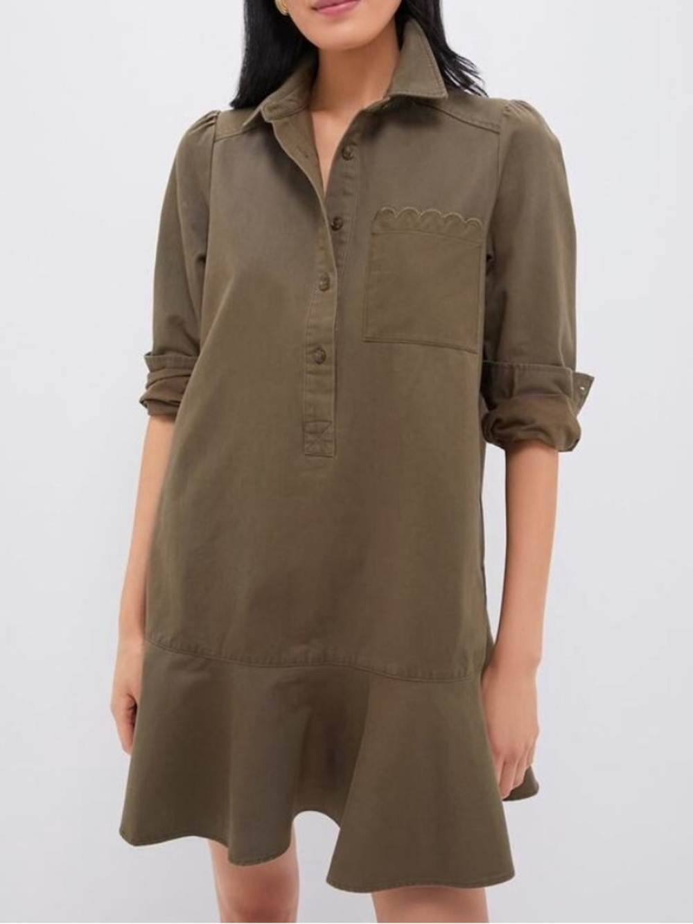 Tuckernuck Olive Green Long Sleeve Ruffle Hem Shirt Dress. XS